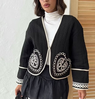 Blouson ethnique noir col V – KIARA