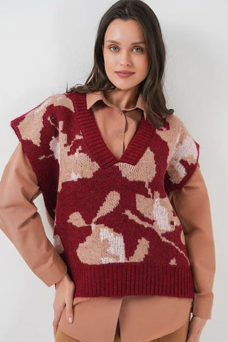 Pull sans manches rouge & beige à motif abstrait – KIARA