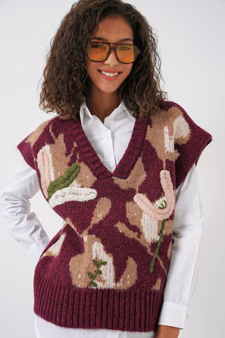 Pull sans manches bordeaux à fleurs en relief – KIARA