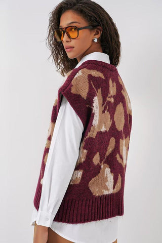 Pull sans manches bordeaux à fleurs en relief – KIARA