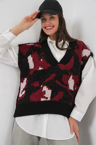 Pull sans manches noir & rouge à motif abstrait – KIARA