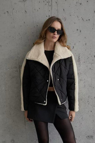 Veste noire bicolore avec col sherpa oversize – KIARA